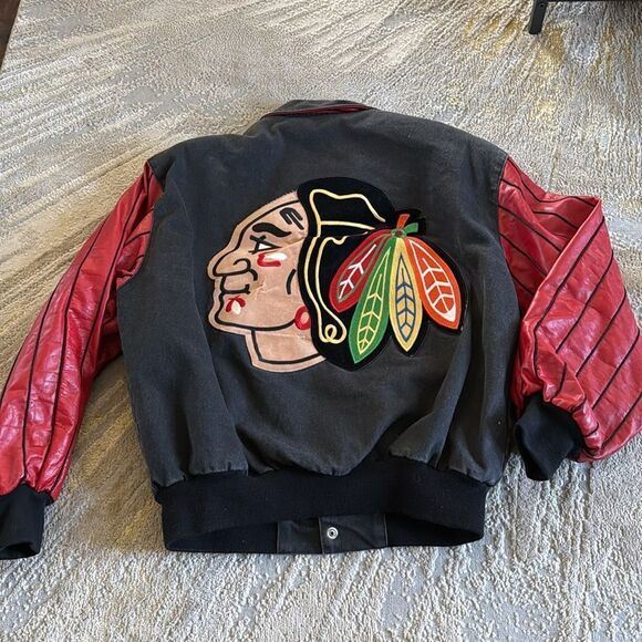 VTG Jeff Hamilton Blackhawks bomber jacket red leather striped sleeves size XL - Picture 5 of 10